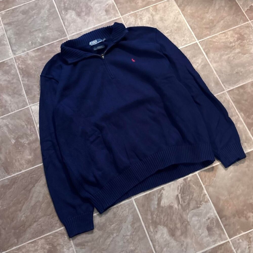 Vtg 90s Navy blue Polo Ralph Lauren cotton quarter zip, great shape, size, XXL